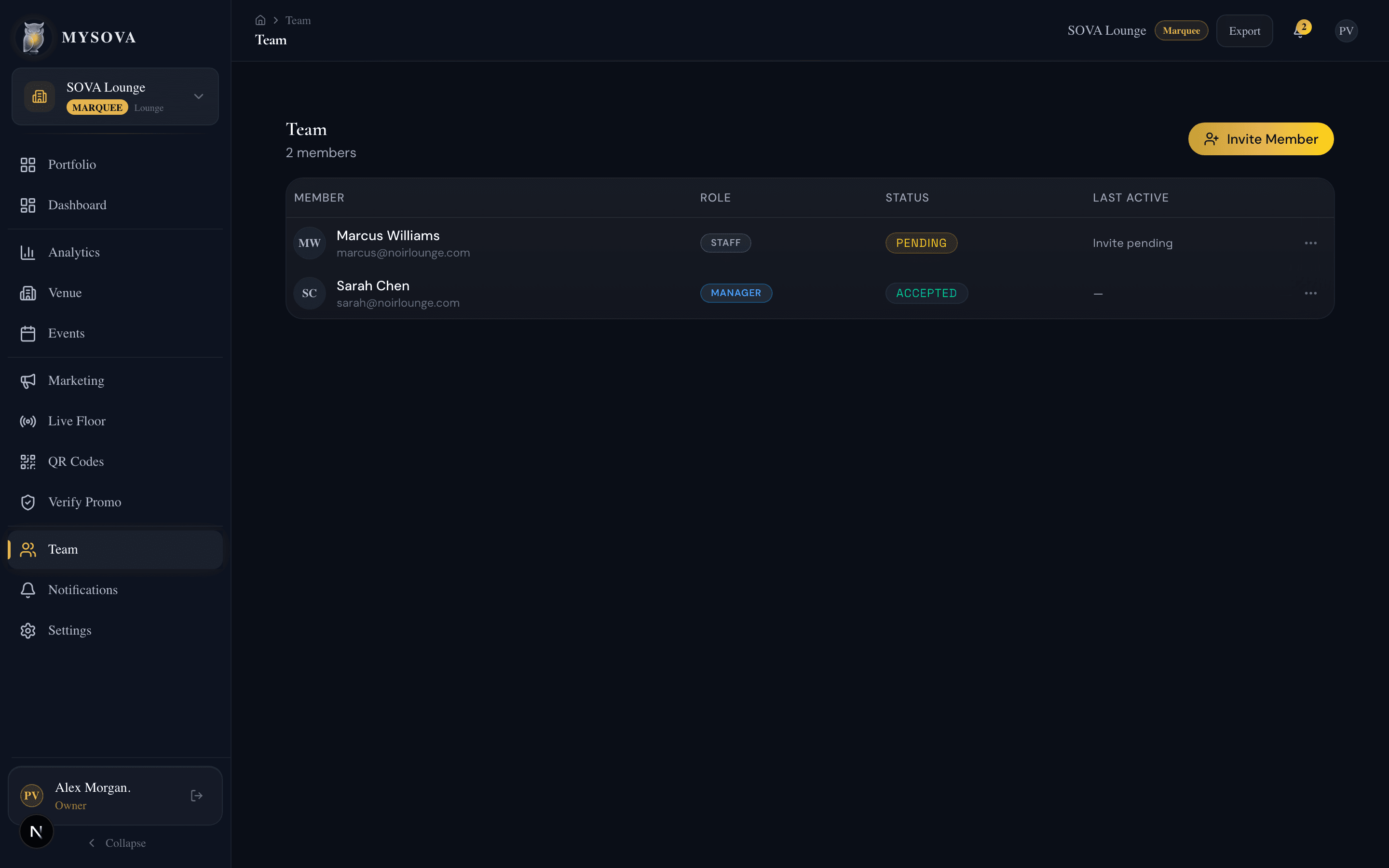 Team management screen
